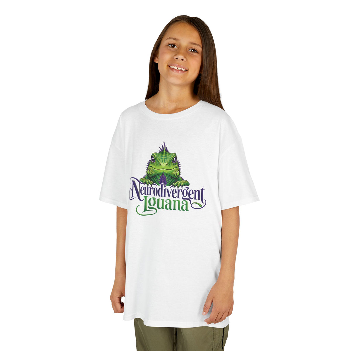 Kids T‑Shirt — “Neurodivergent Iguana” Cute Green Lizard Graphic Tee for Autism Pride & Awareness