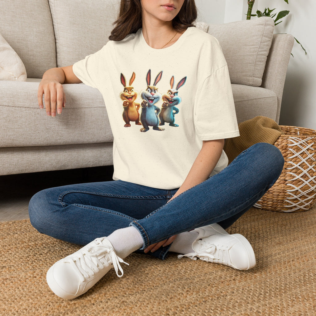 Funny Cartoon Bunnies T-Shirt — Three Playful Rabbits Graphic Tee