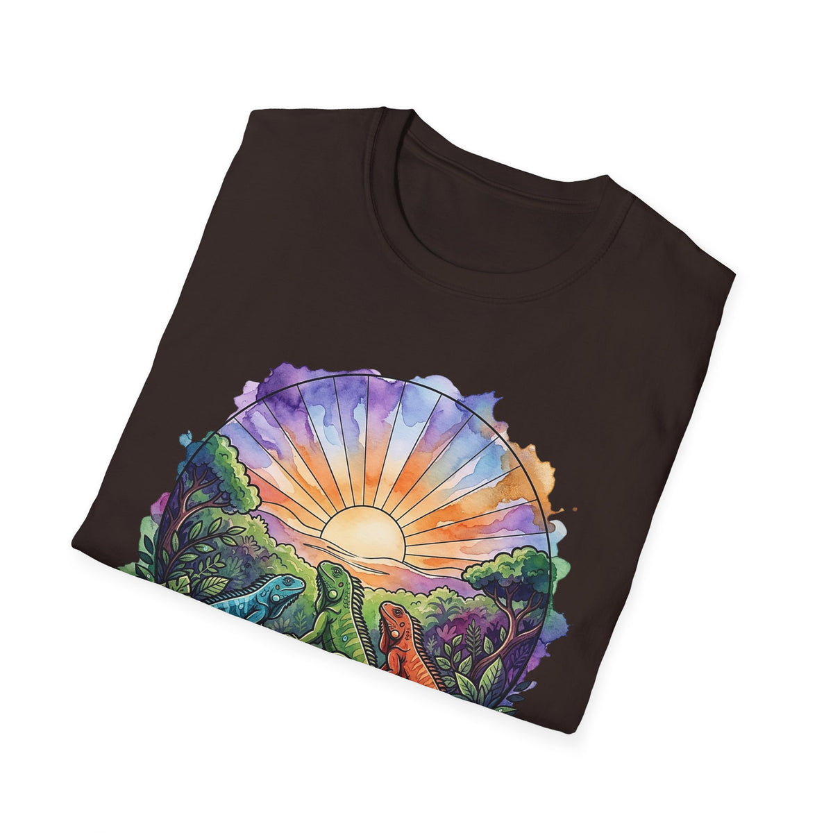 Sunrise Iguanas T-Shirt — Colorful Mountain Sunrise with Forest Trail