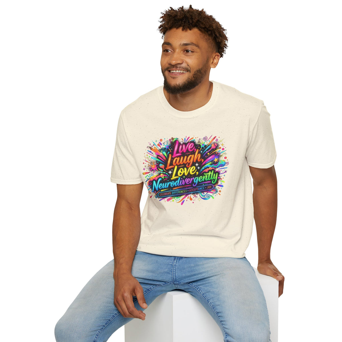 T-Shirt — "Live Laugh Love, Neurodivergently" Rainbow Splatter