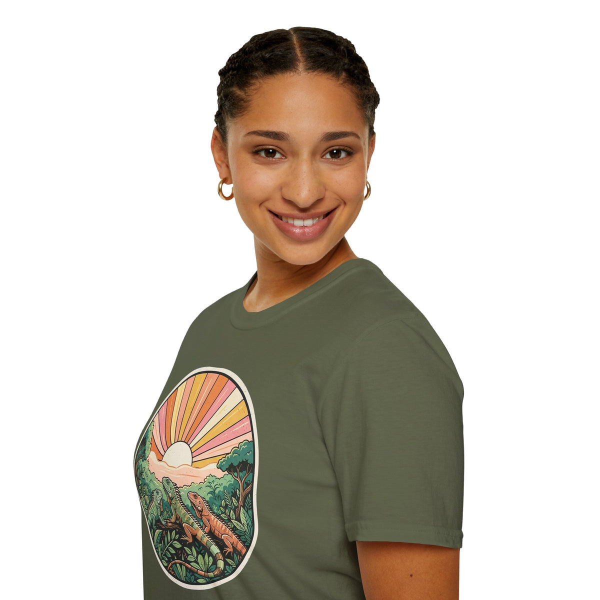 Sunrise Jungle T-Shirt — Retro Tropical Sunset Graphic Tee