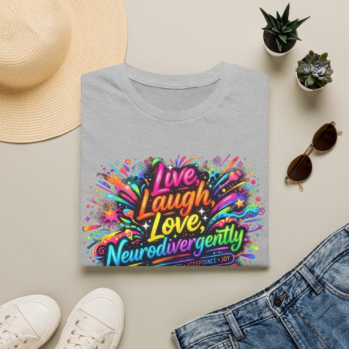 T-Shirt — "Live Laugh Love, Neurodivergently" Rainbow Splatter
