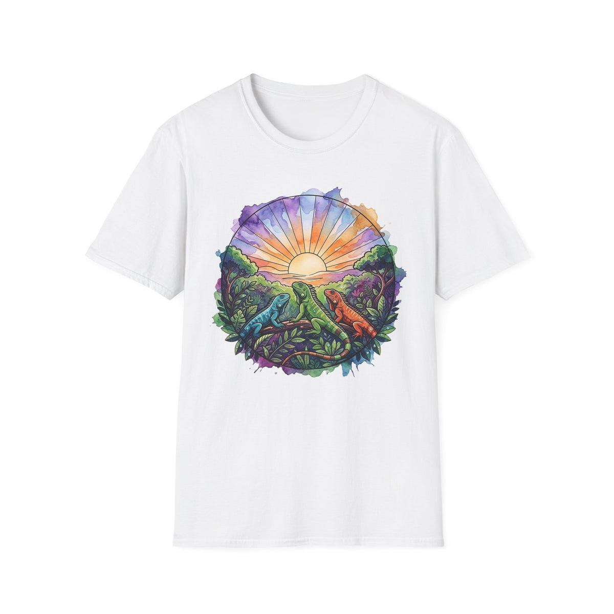 Sunrise Iguanas T-Shirt — Colorful Mountain Sunrise with Forest Trail