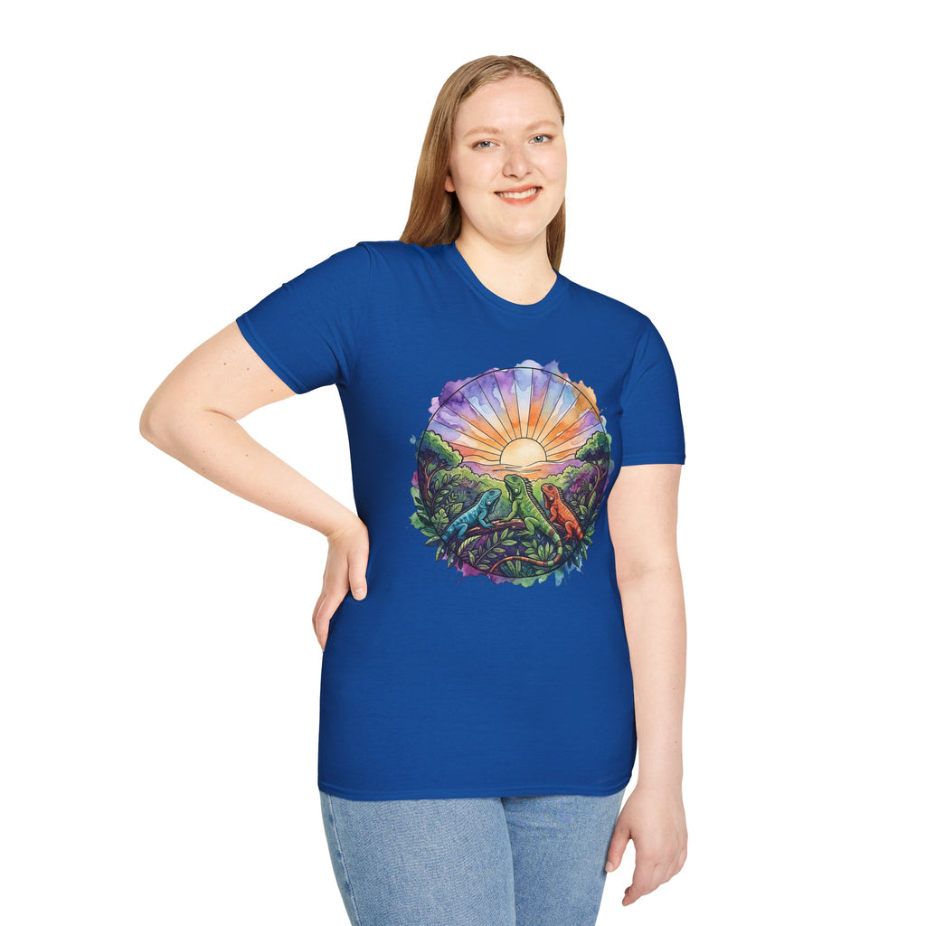 Sunrise Iguanas T-Shirt — Colorful Mountain Sunrise with Forest Trail