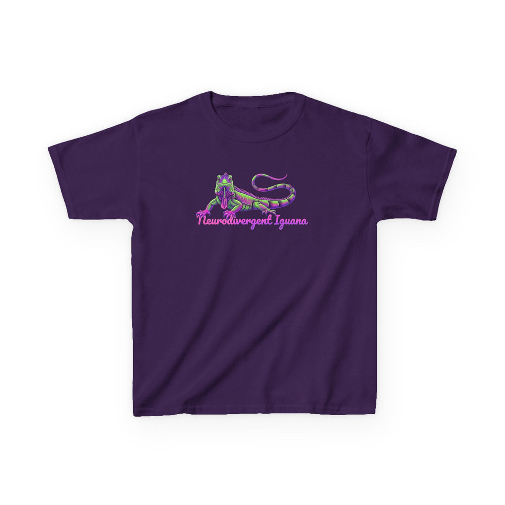 Kids Tee — Neon Green & Purple Iguana Graphic “Fluorescent Iguana”