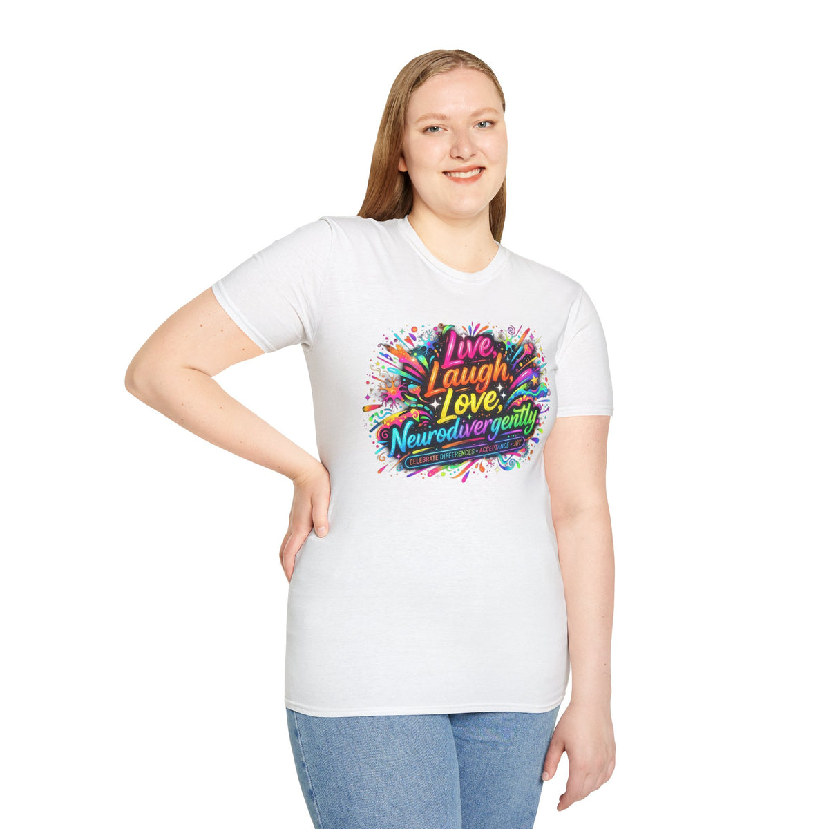 T-Shirt — "Live Laugh Love, Neurodivergently" Rainbow Splatter