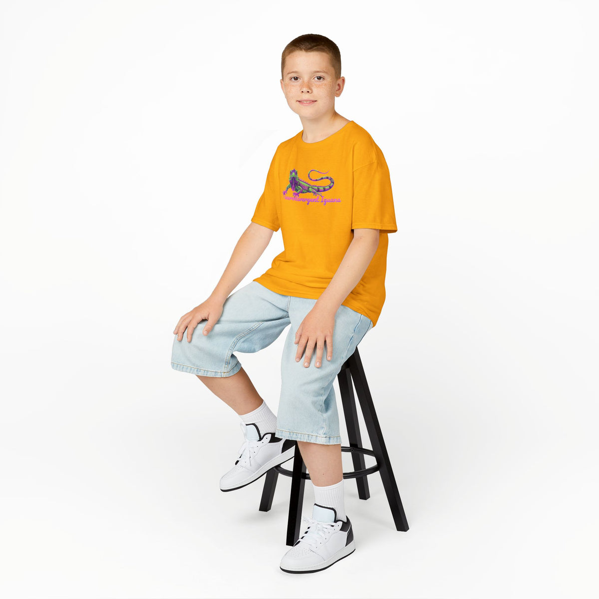 Kids Tee — Neon Green & Purple Iguana Graphic “Fluorescent Iguana”
