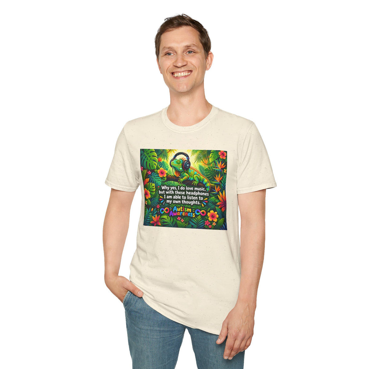 Autism Awareness T-Shirt — 'I Love Music, I Hear Headphones' Floral Design