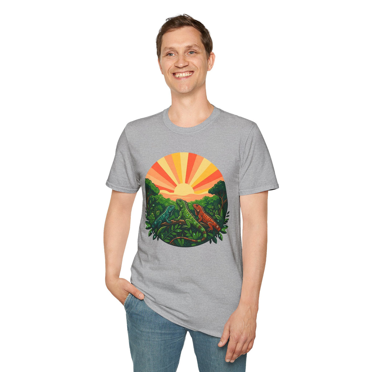 Sunrise Jungle T-Shirt — Tropical Iguana Sunset Graphic Tee