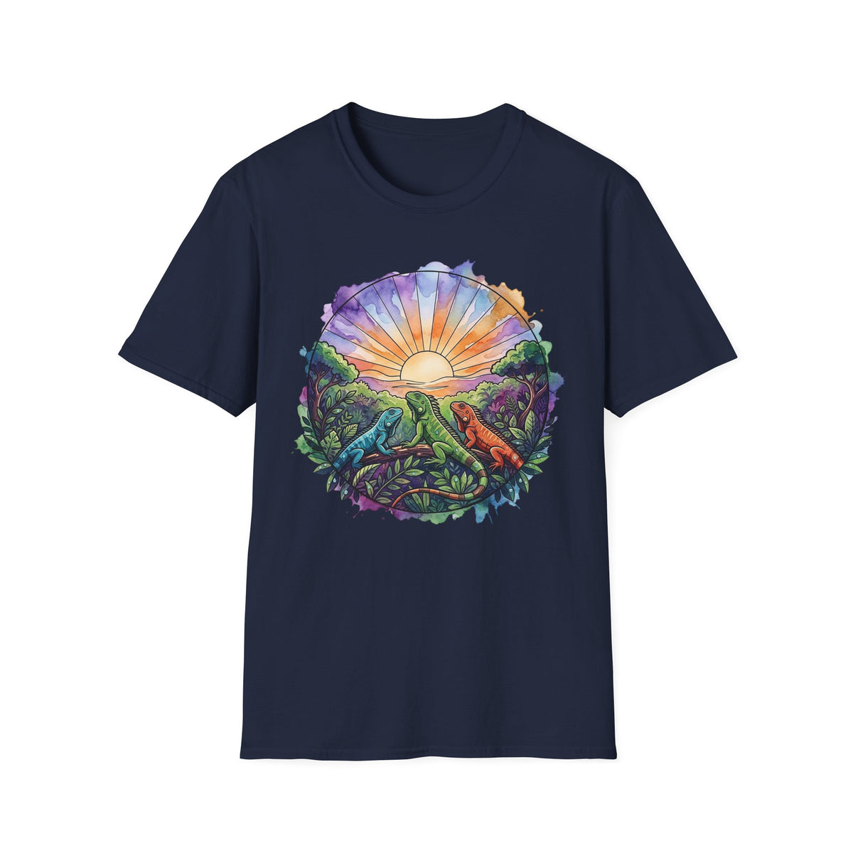 Sunrise Iguanas T-Shirt — Colorful Mountain Sunrise with Forest Trail