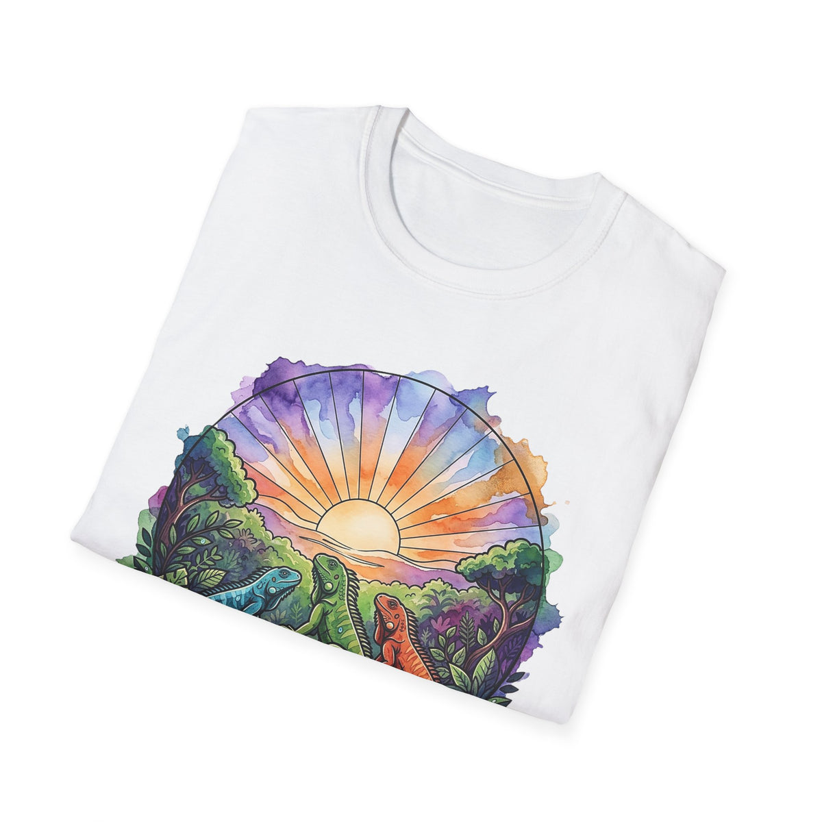 Sunrise Iguanas T-Shirt — Colorful Mountain Sunrise with Forest Trail