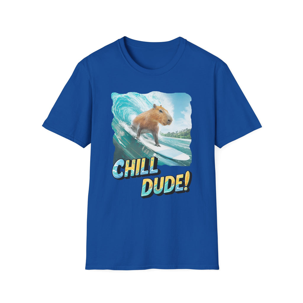 Capybara Surfing T‑Shirt — "Chill Dude!" Beach Vibe Tee