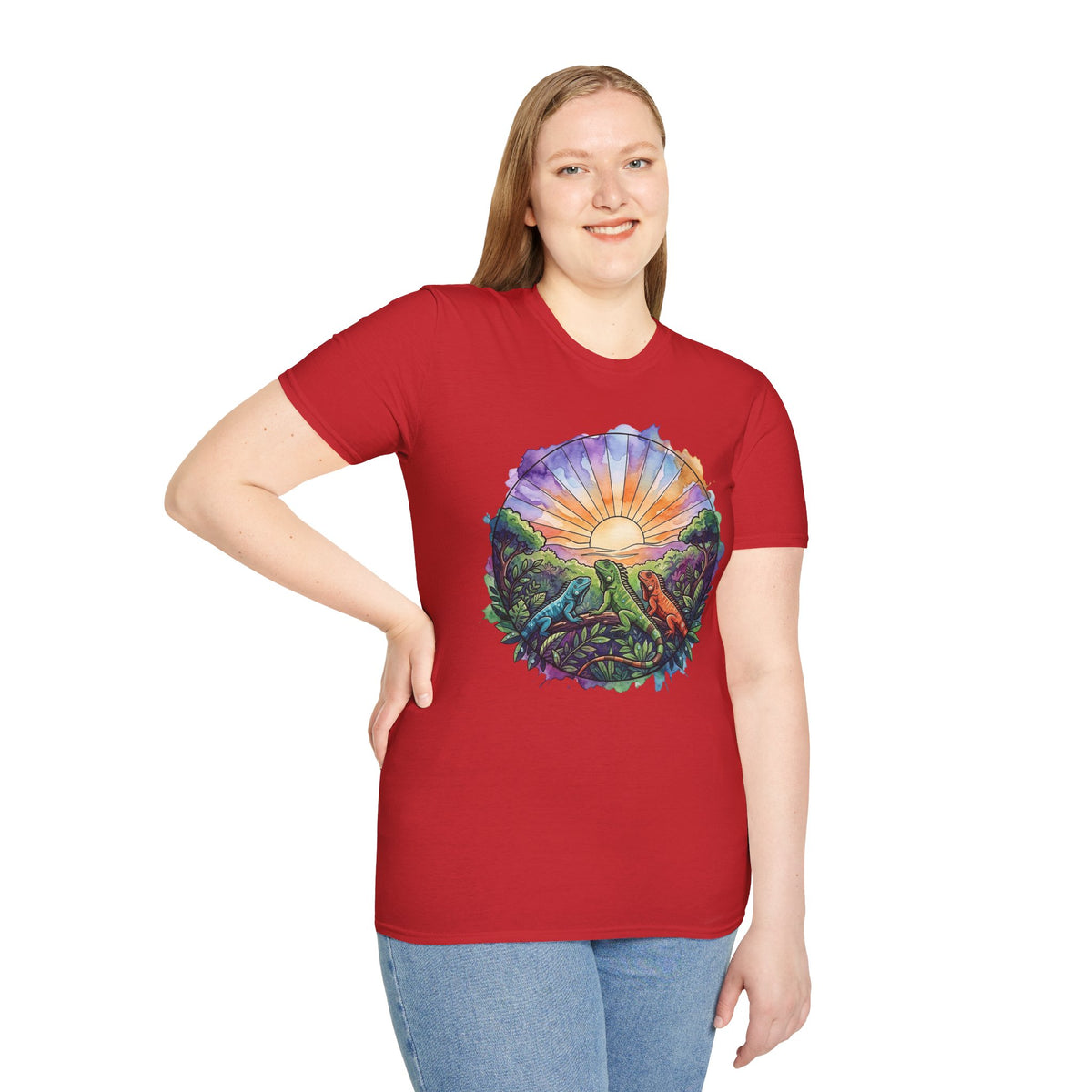 Sunrise Iguanas T-Shirt — Colorful Mountain Sunrise with Forest Trail