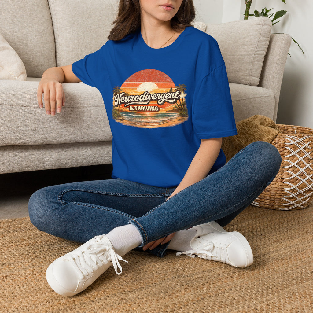 Neurodivergent & Thriving Tee — Retro Sunset Palm Graphic T-Shirt