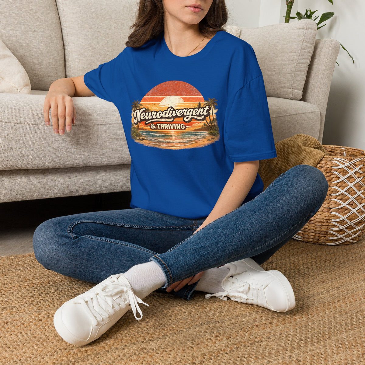 Neurodivergent & Thriving Tee — Retro Sunset Palm Graphic T-Shirt