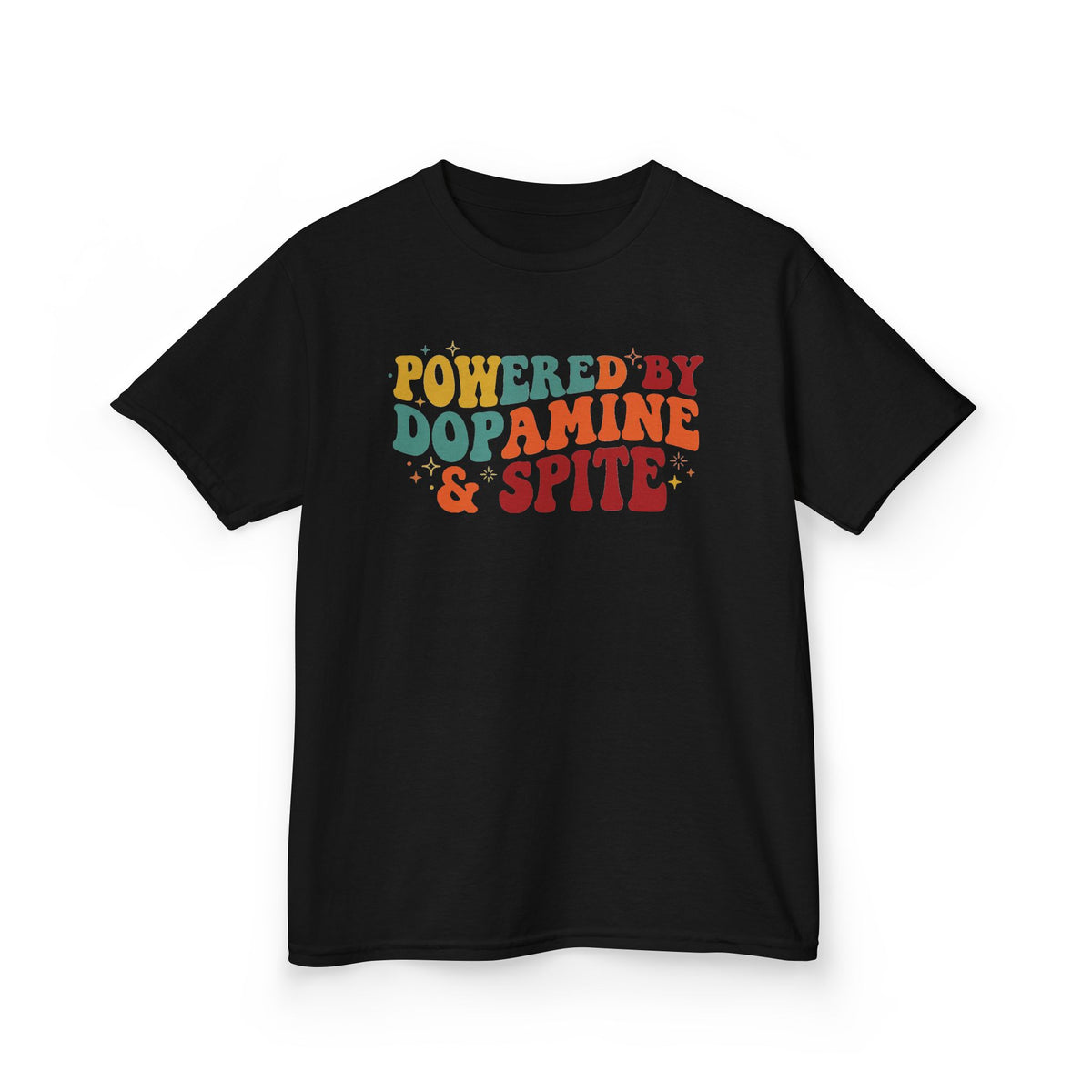 Kids T‑Shirt – "Powered by Dopamine & Spite" Retro Graphic Tee