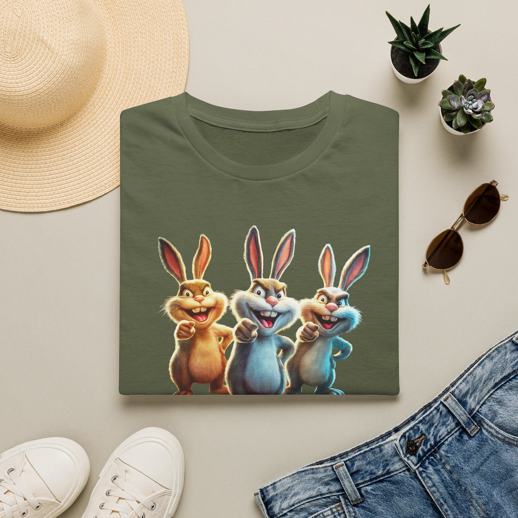 Funny Cartoon Bunnies T-Shirt — Three Playful Rabbits Graphic Tee