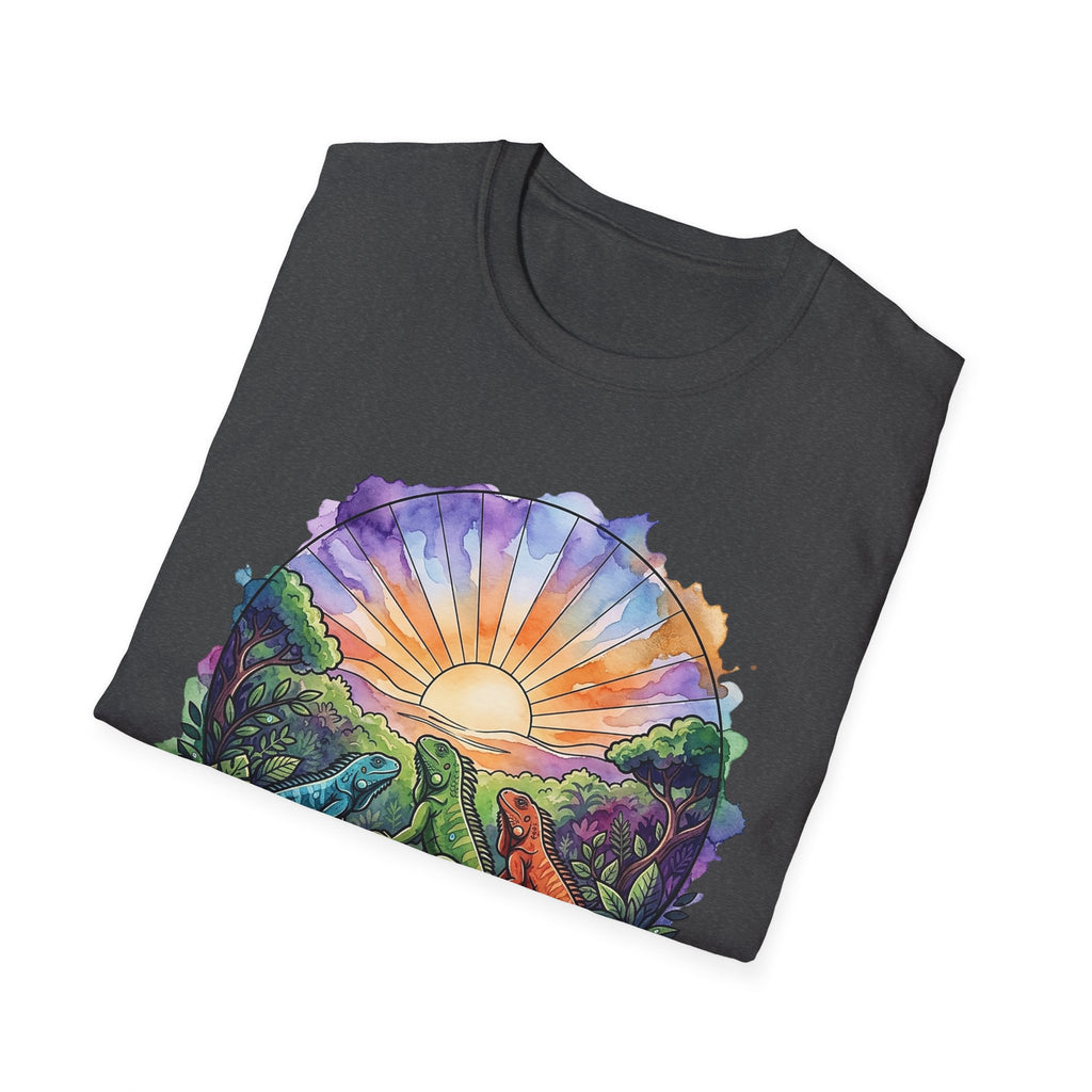 Sunrise Iguanas T-Shirt — Colorful Mountain Sunrise with Forest Trail