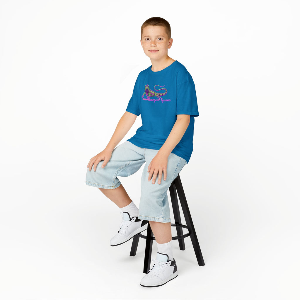 Kids Tee — Neon Green & Purple Iguana Graphic “Fluorescent Iguana”
