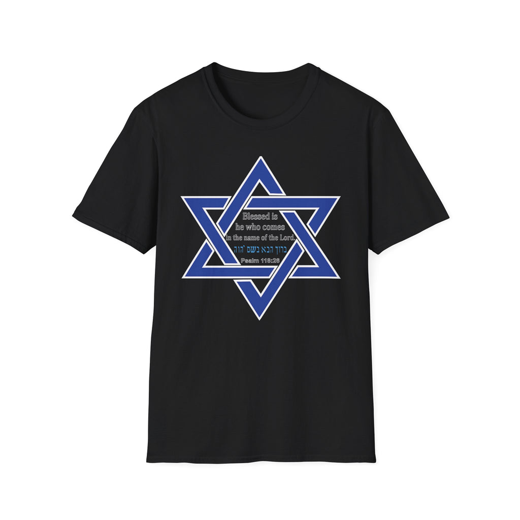 Star of David T-Shirt — "Blessed is he who comes in the name of the Lord" Hebrew Christian Jewish Faith Tee