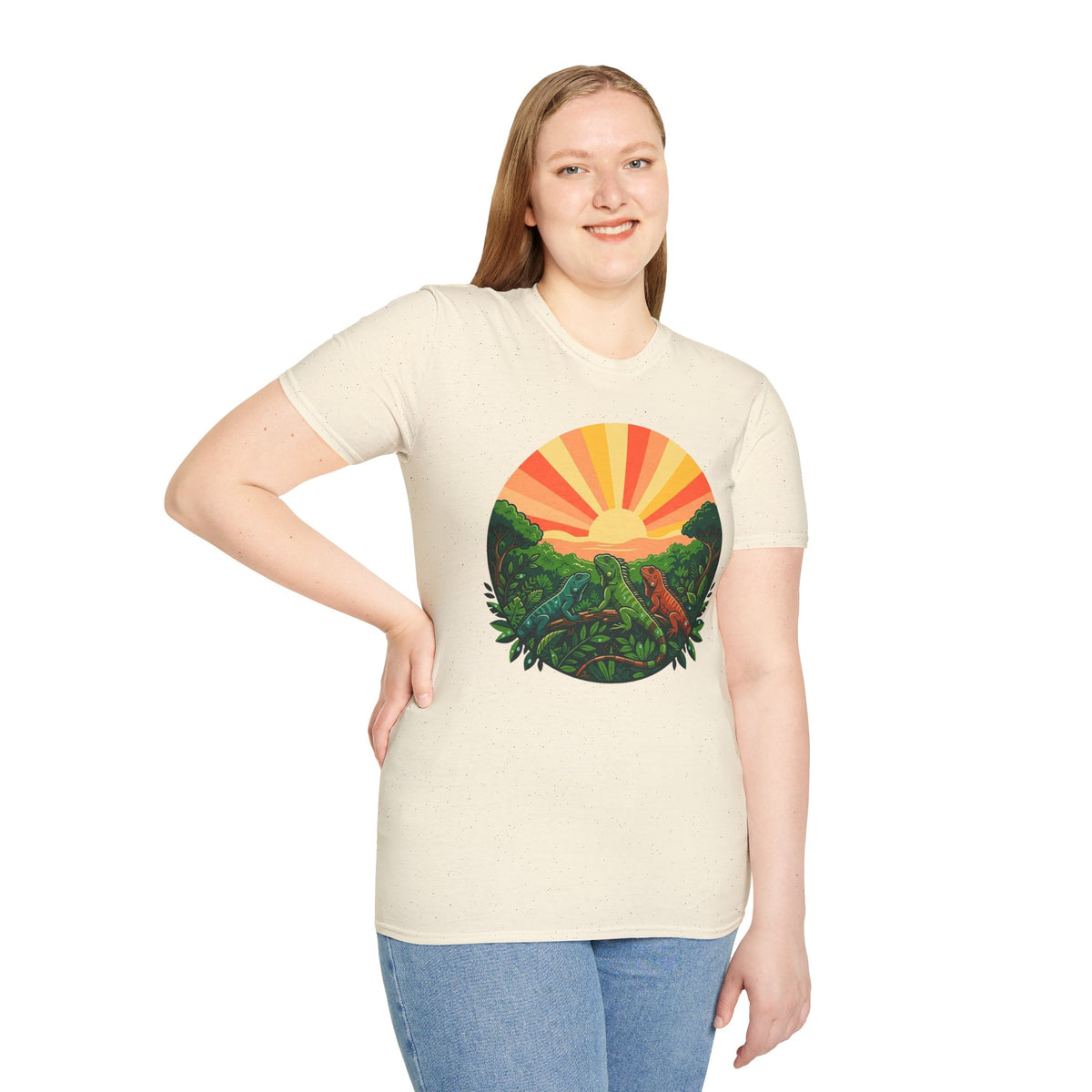 Sunrise Jungle T-Shirt — Tropical Iguana Sunset Graphic Tee