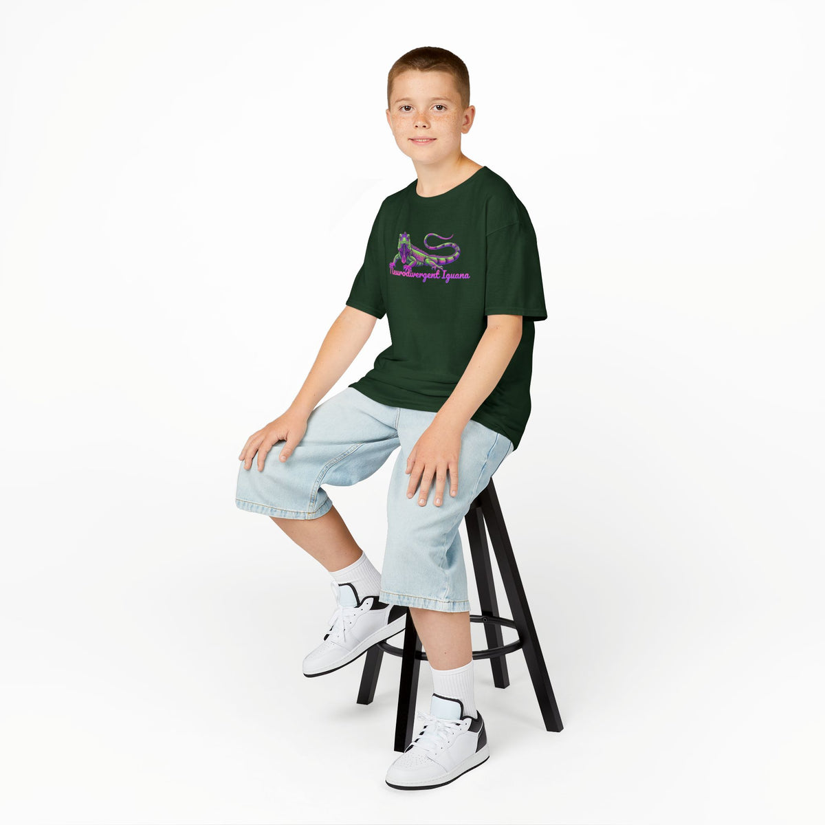 Kids Tee — Neon Green & Purple Iguana Graphic “Fluorescent Iguana”