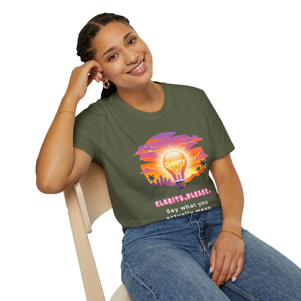 Clarity Please T-Shirt — Retro Sunset Lightbulb "Say What You Actually Mean" Graphic Tee
