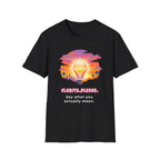 Clarity Please T-Shirt — Retro Sunset Lightbulb "Say What You Actually Mean" Graphic Tee