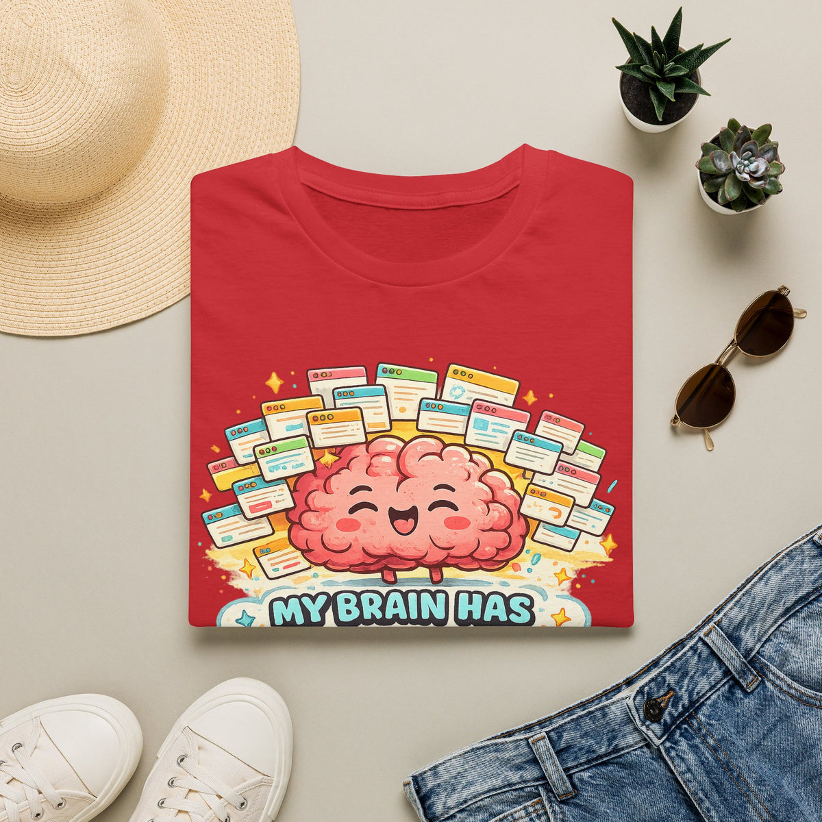 My Brain Has 87 Tabs Open T-Shirt — Cute Cartoon Brain Mental Load Graphic Tee