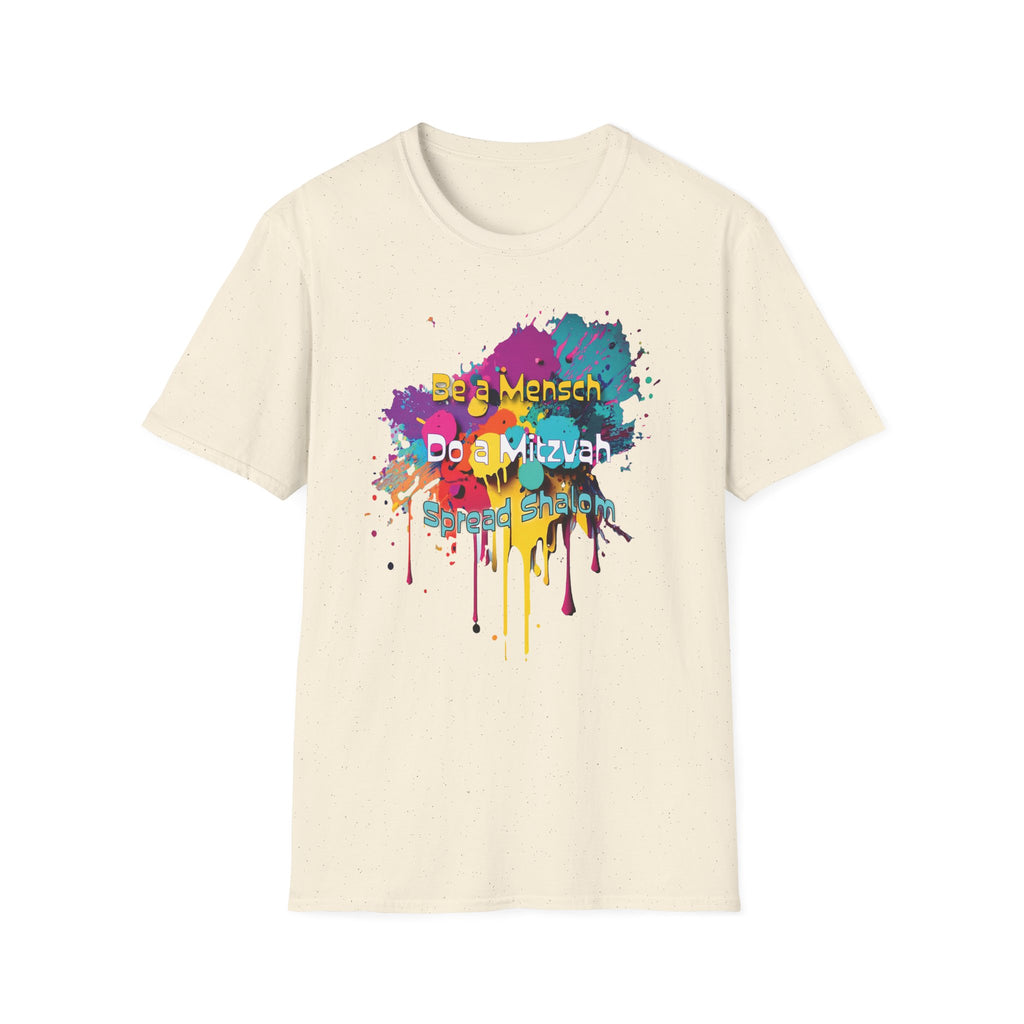 T-Shirt — Colorful "Be a Mensch, Do a Mitzvah" Splatter Tee for Jewish Celebrations