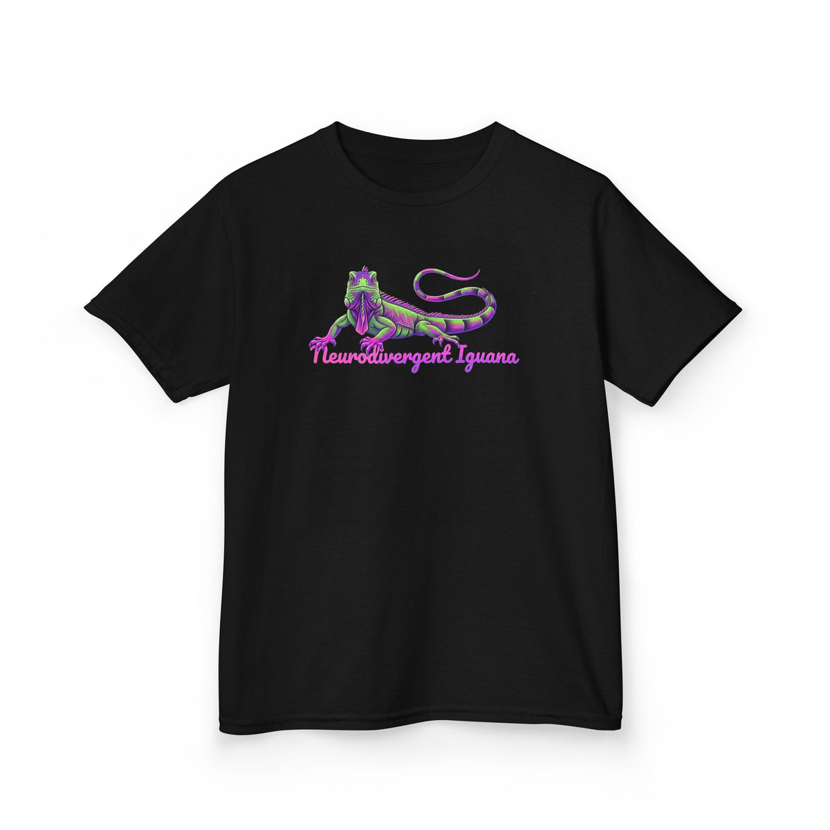 Kids Tee — Neon Green & Purple Iguana Graphic “Fluorescent Iguana”