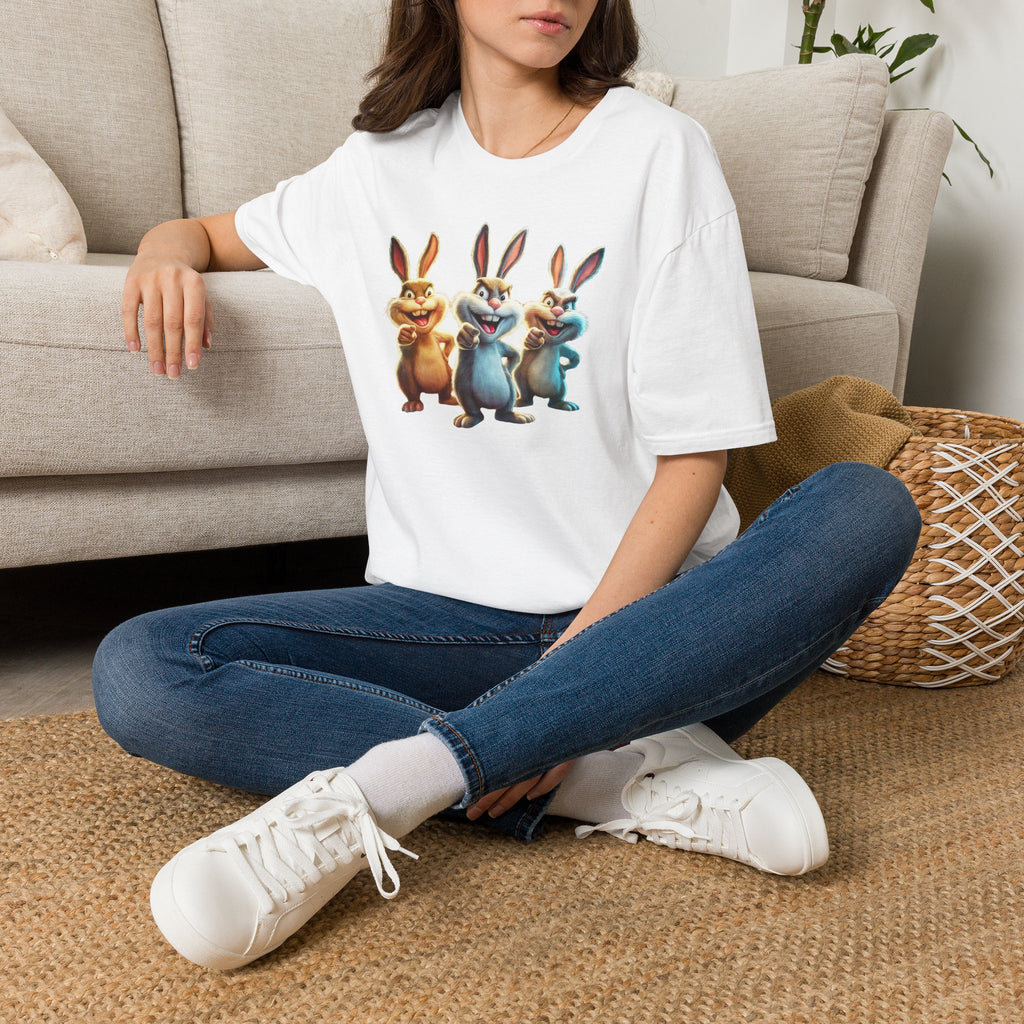 Funny Cartoon Bunnies T-Shirt — Three Playful Rabbits Graphic Tee