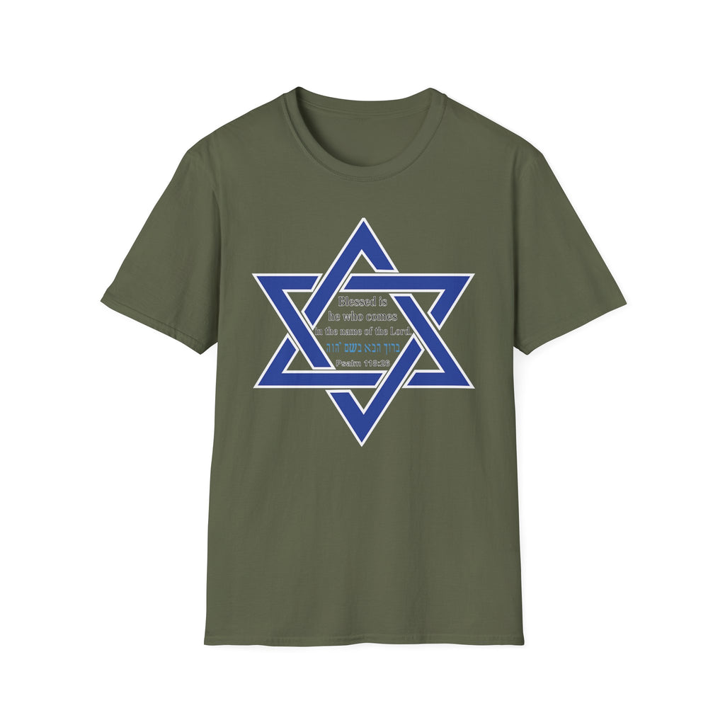 Star of David T-Shirt — "Blessed is he who comes in the name of the Lord" Hebrew Christian Jewish Faith Tee
