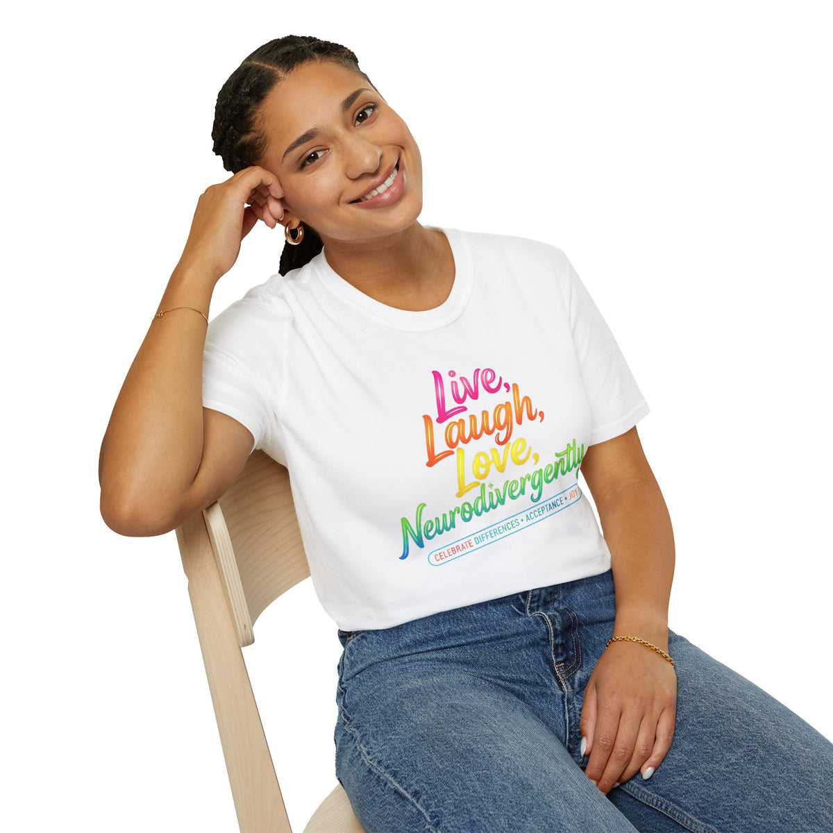 Neurodivergent Pride T-Shirt — “Live, Laugh, Love, Neurodivergently” Rainbow Tee