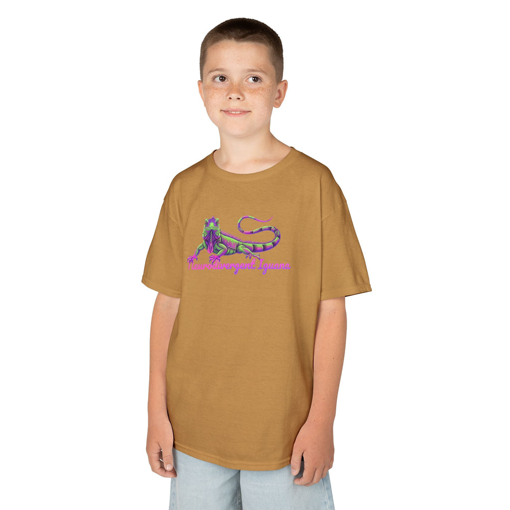 Kids Tee — Neon Green & Purple Iguana Graphic “Fluorescent Iguana”