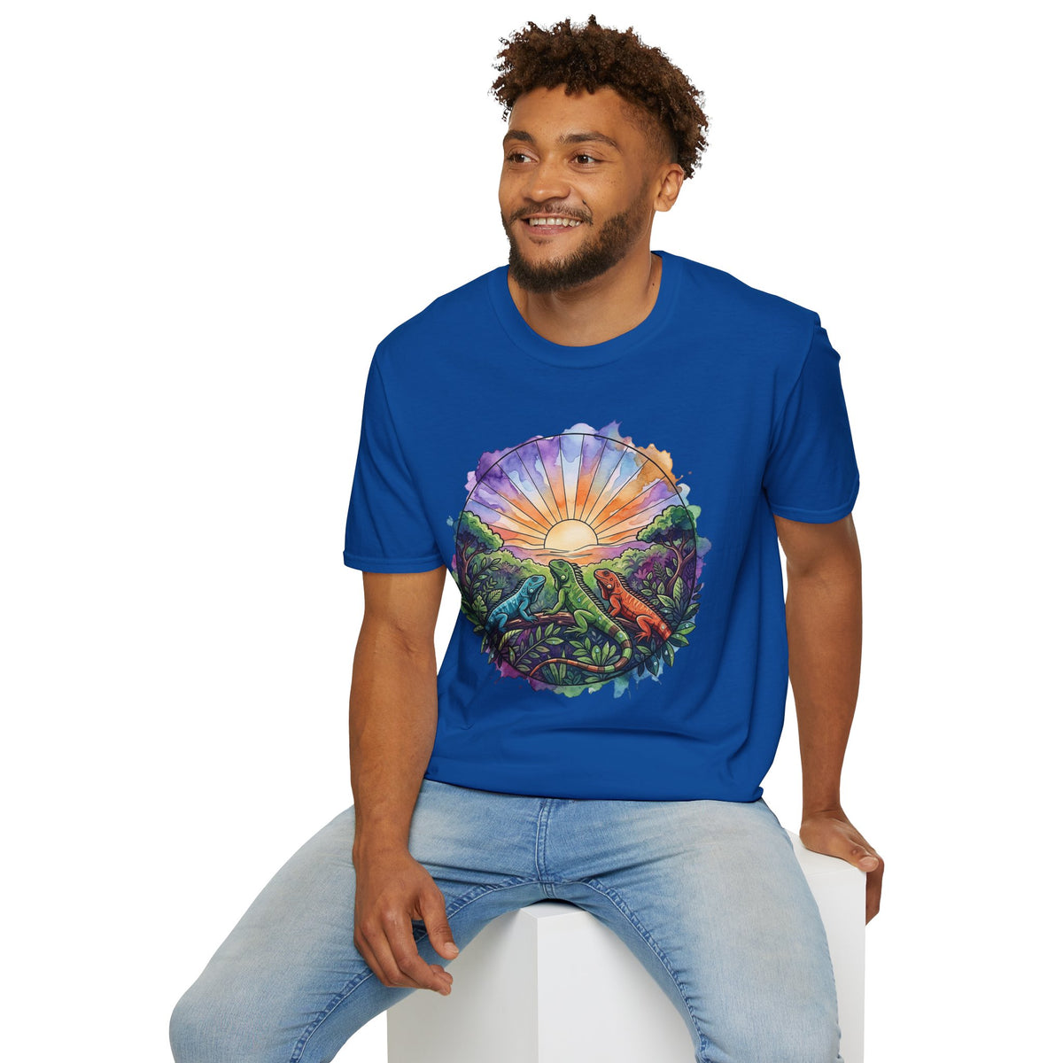 Sunrise Iguanas T-Shirt — Colorful Mountain Sunrise with Forest Trail