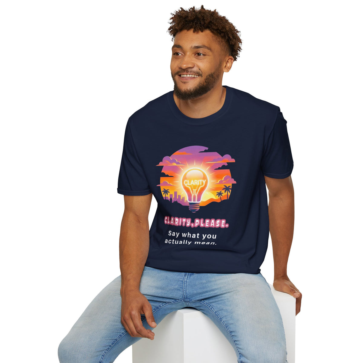 Clarity Please T-Shirt — Retro Sunset Lightbulb "Say What You Actually Mean" Graphic Tee