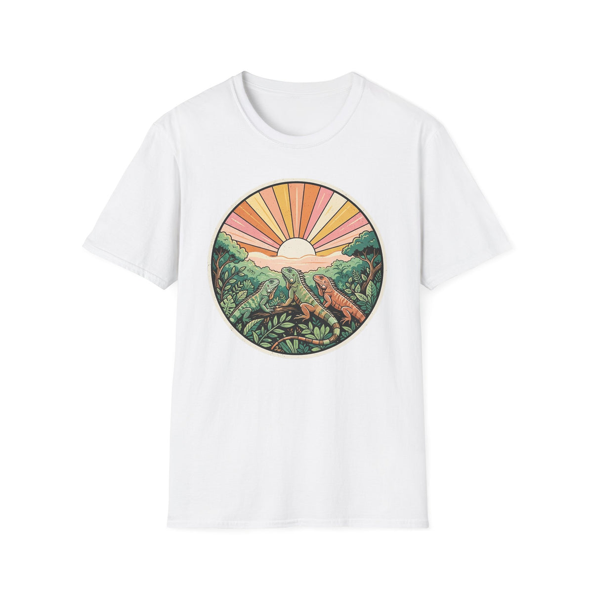 Sunrise Jungle T-Shirt — Retro Tropical Sunset Graphic Tee