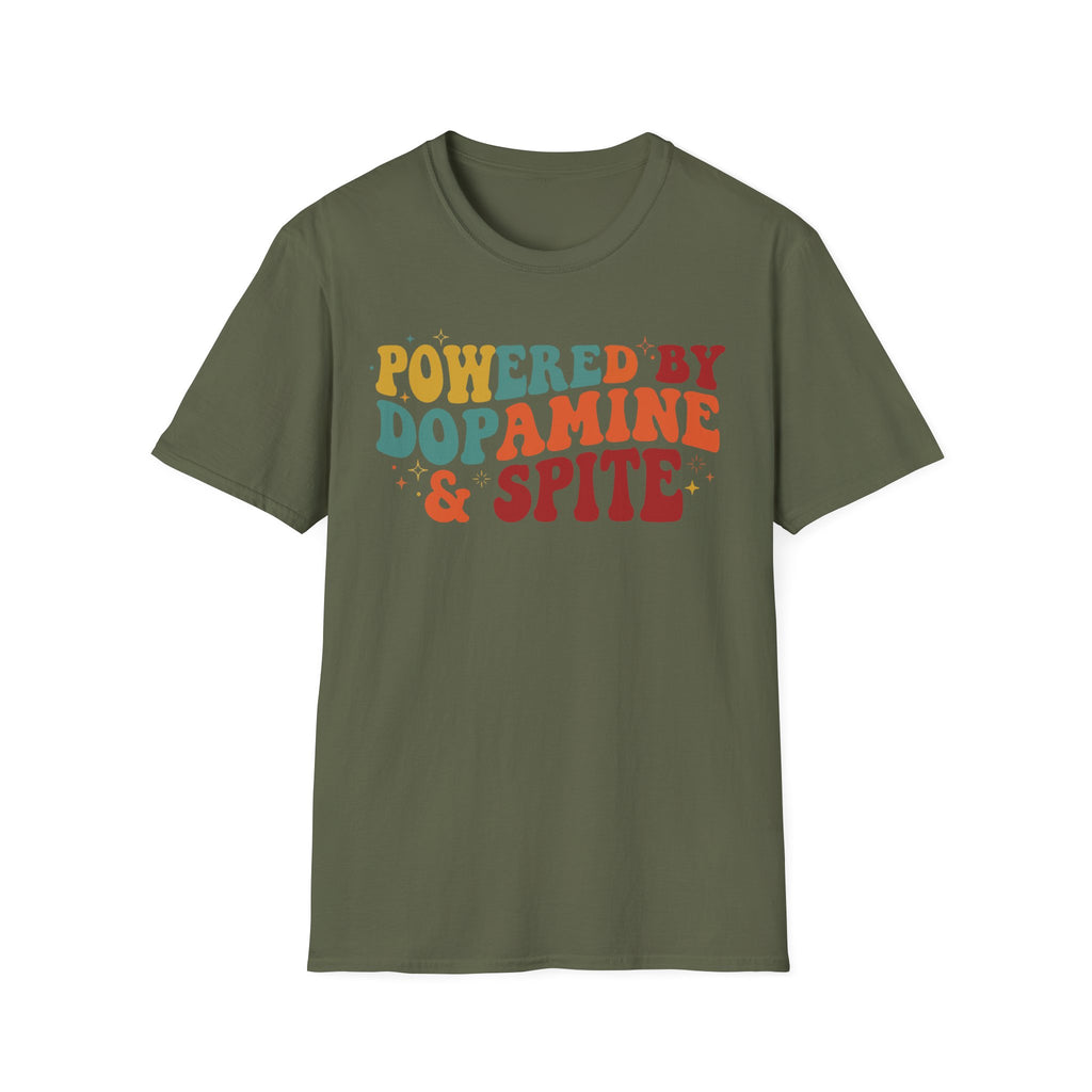 Graphic Tee — "Powered by Dopamine & Spite" Retro Colorful Quote Shirt