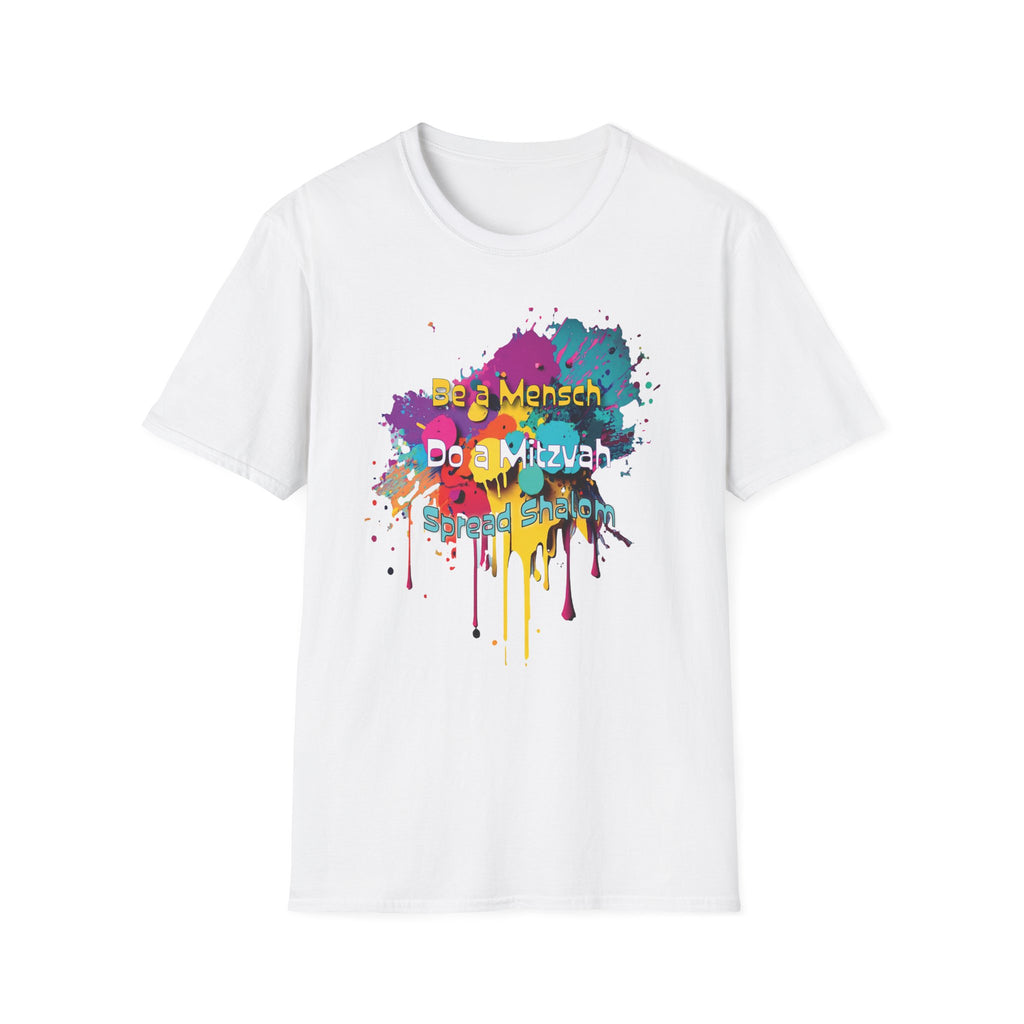 T‑Shirt — “Be a Mensch, Do a Mitzvah” Colorful Splash Bar/Bat Mitzvah Tee