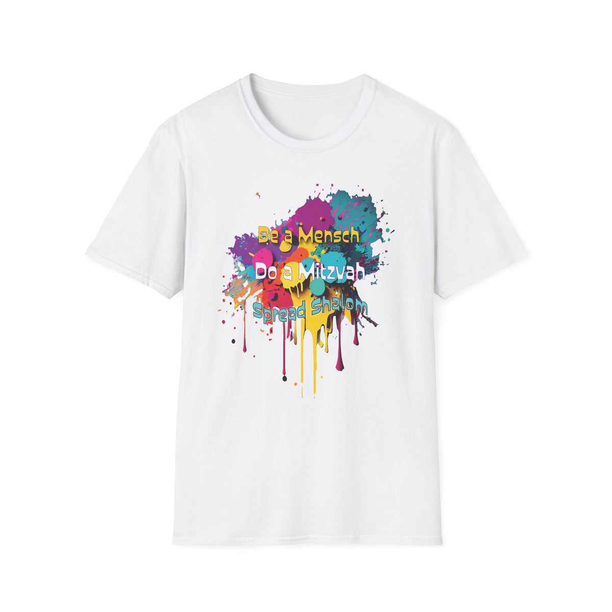 T‑Shirt — “Be a Mensch, Do a Mitzvah” Colorful Splash Bar/Bat Mitzvah Tee