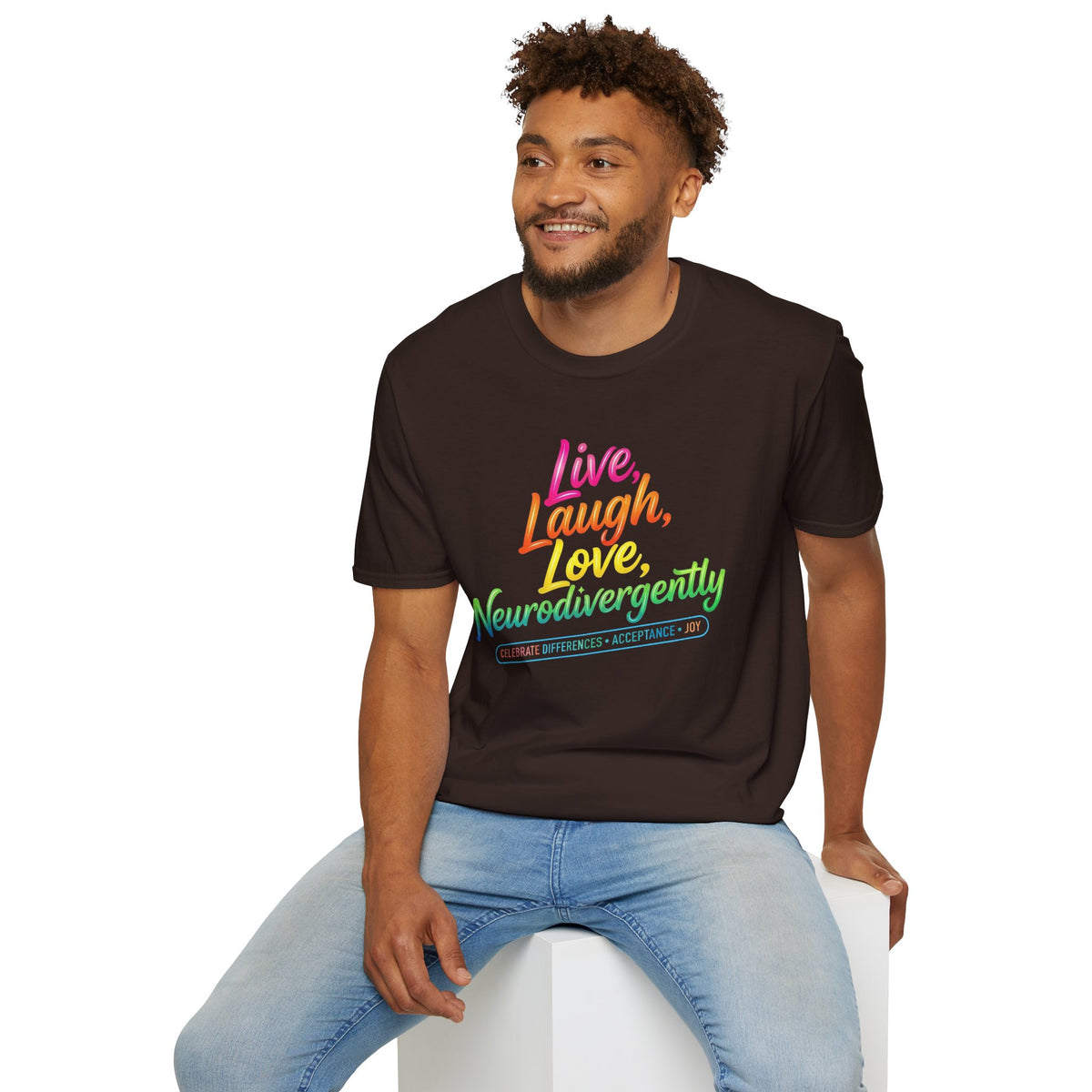 Neurodivergent Pride T-Shirt — “Live, Laugh, Love, Neurodivergently” Rainbow Tee