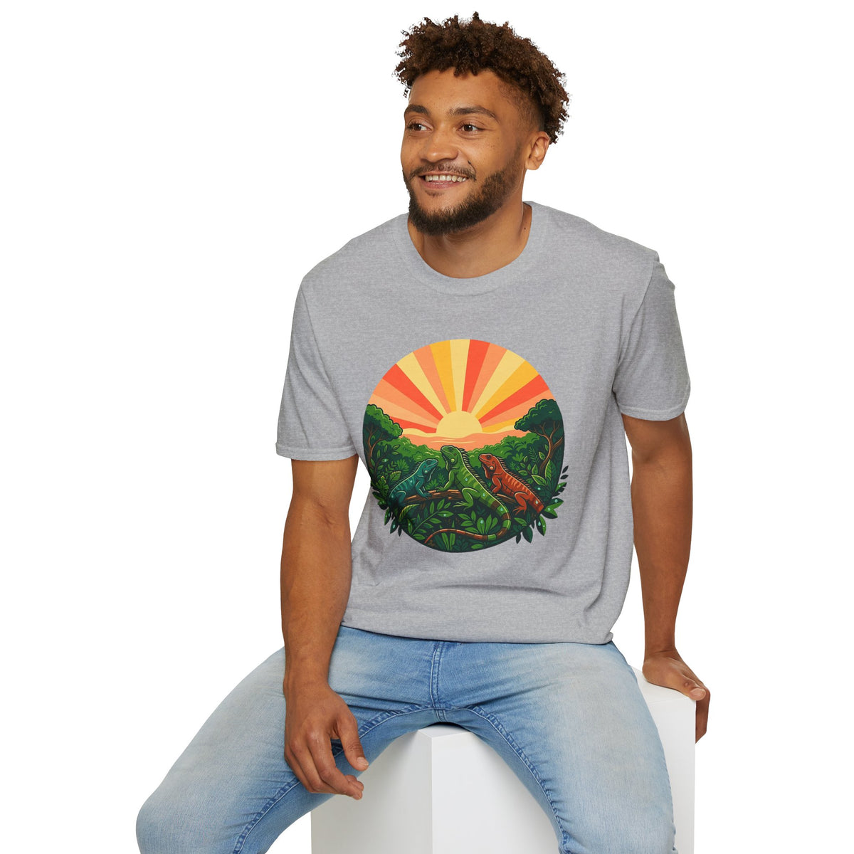 Sunrise Jungle T-Shirt — Tropical Iguana Sunset Graphic Tee