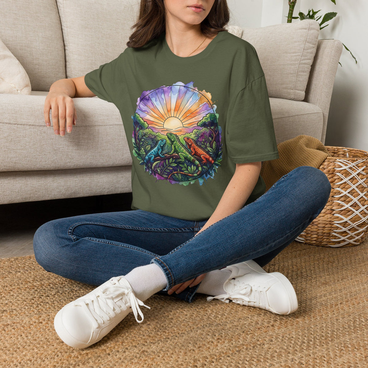 Sunrise Iguanas T-Shirt — Colorful Mountain Sunrise with Forest Trail