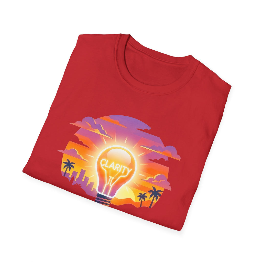 Clarity Please T-Shirt — Retro Sunset Lightbulb "Say What You Actually Mean" Graphic Tee