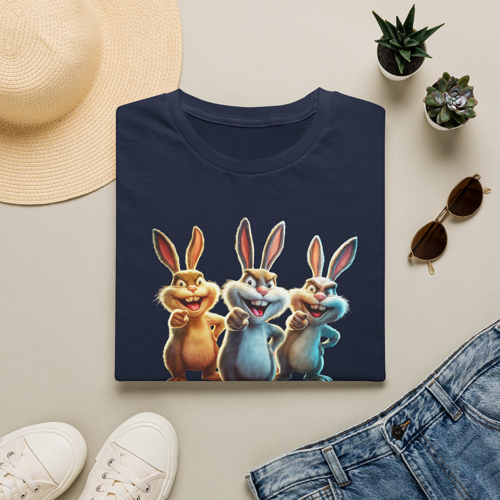 Funny Cartoon Bunnies T-Shirt — Three Playful Rabbits Graphic Tee