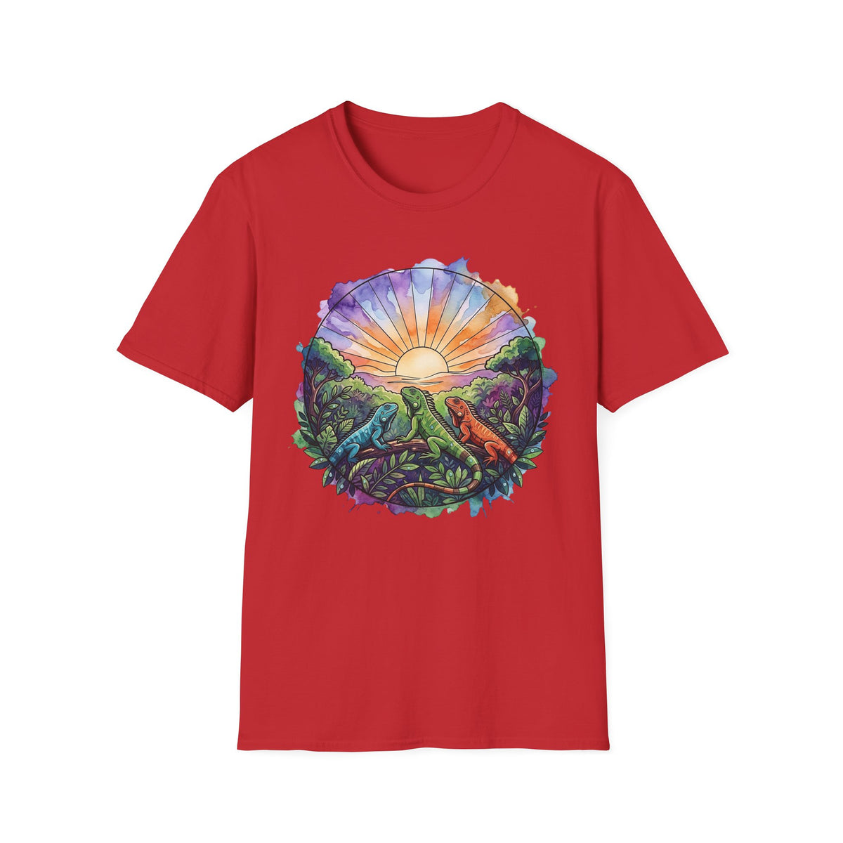 Sunrise Iguanas T-Shirt — Colorful Mountain Sunrise with Forest Trail