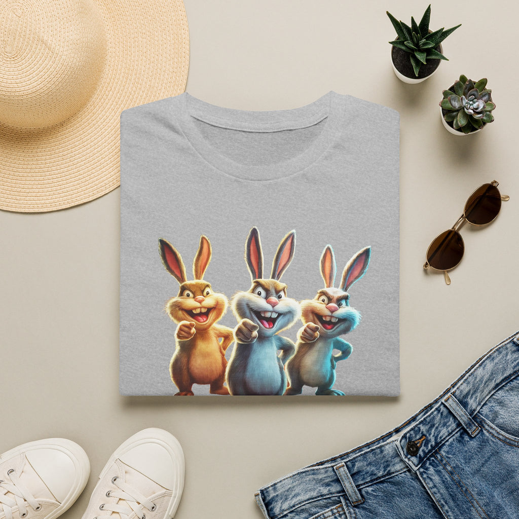 Funny Cartoon Bunnies T-Shirt — Three Playful Rabbits Graphic Tee