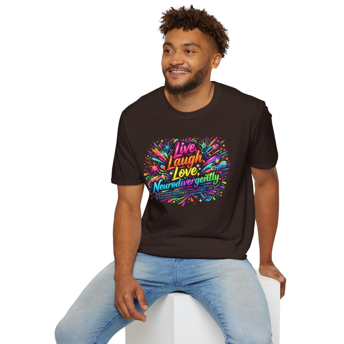 T-Shirt — "Live Laugh Love, Neurodivergently" Rainbow Splatter