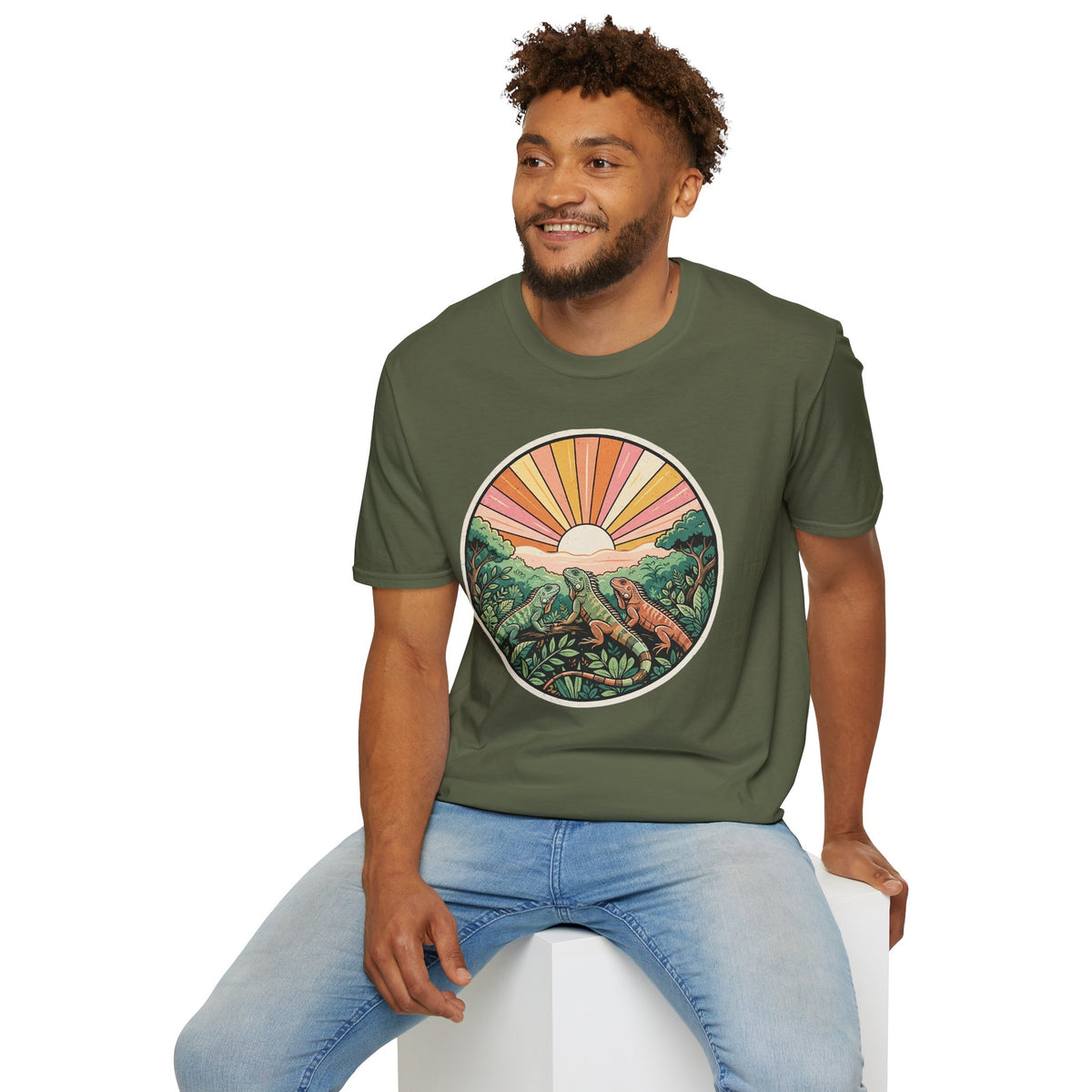 Sunrise Jungle T-Shirt — Retro Tropical Sunset Graphic Tee